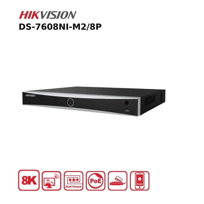 Hikvision 8 Channel NVR DS-7608NI-M2/8P 12MP PoE 8 Channel 8K NVR With 2HDD Bays & 8PoE Ports